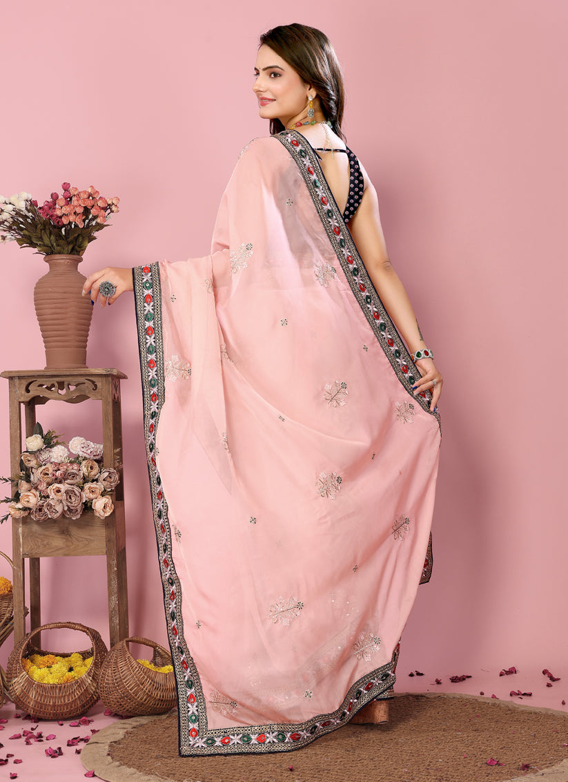 Peach Organza Silk Embroidered Saree