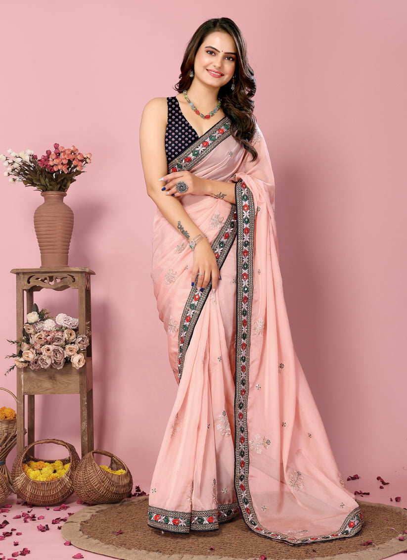 Peach Organza Silk Embroidered Saree