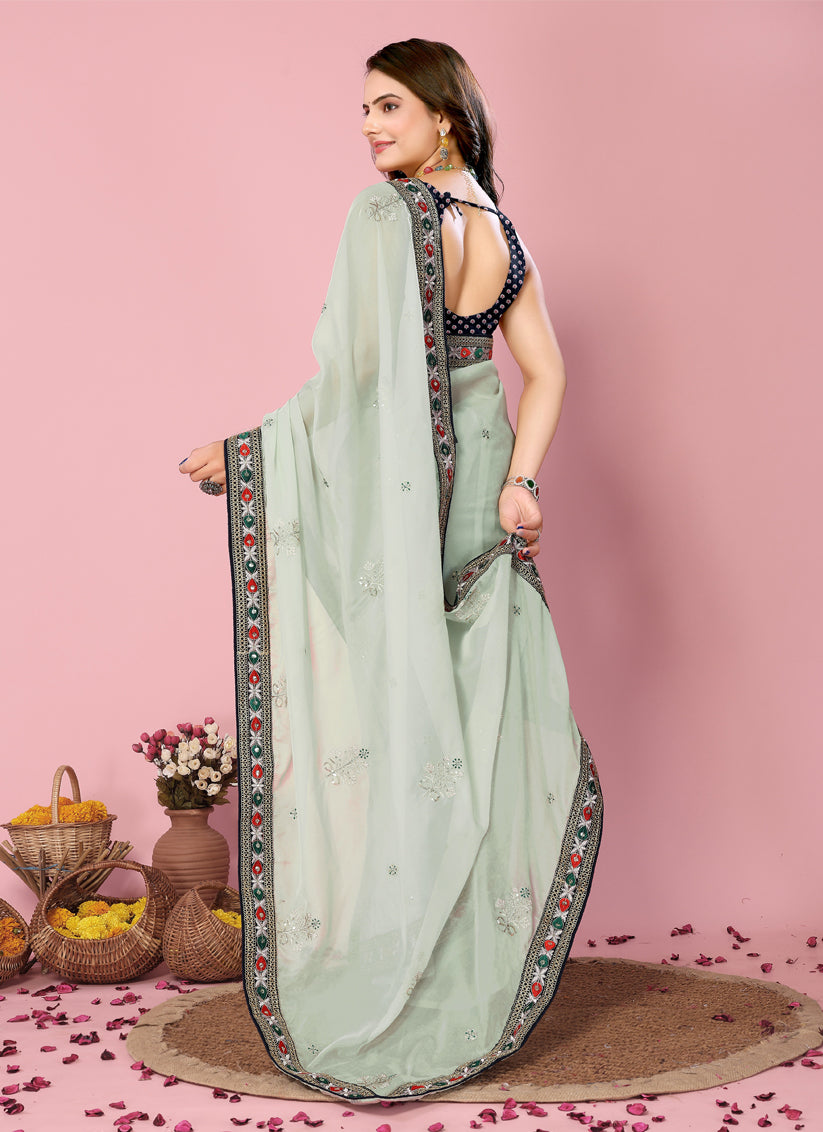 PaleTurquoise Organza Silk Embroidered Saree