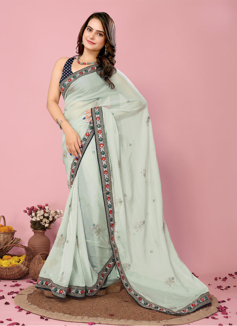 PaleTurquoise Organza Silk Embroidered Saree