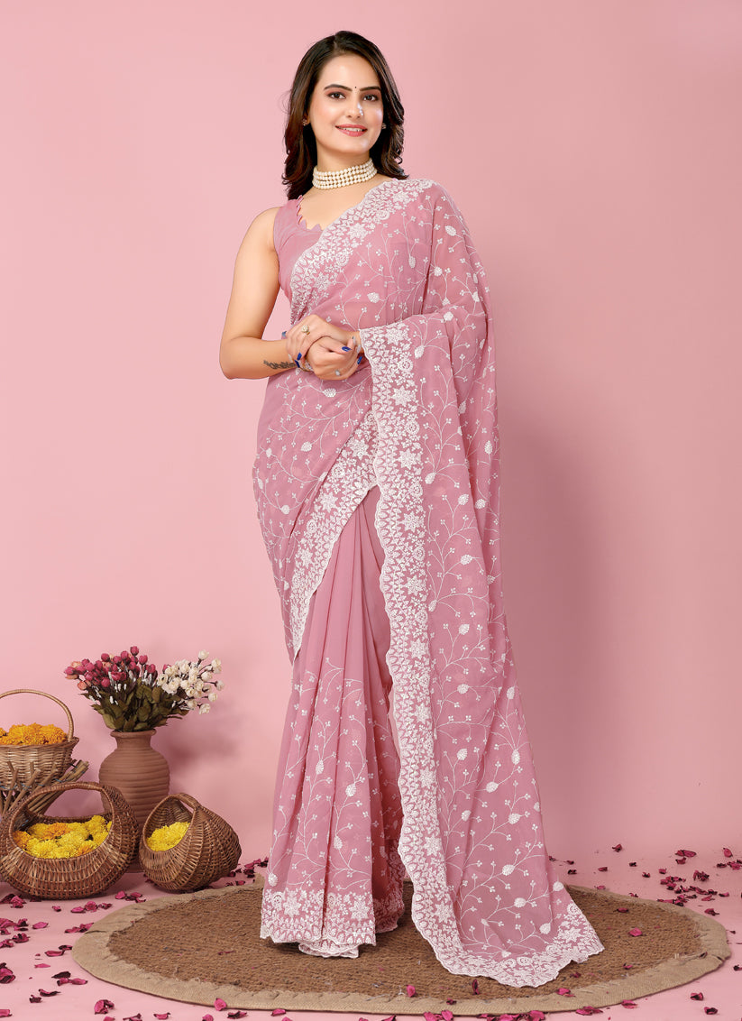 Pink Georgette Embroidered Saree