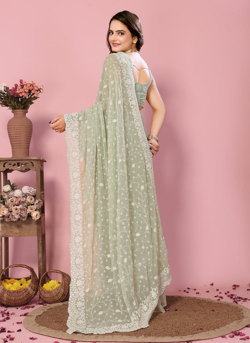 Pista Green Georgette Embroidered Saree