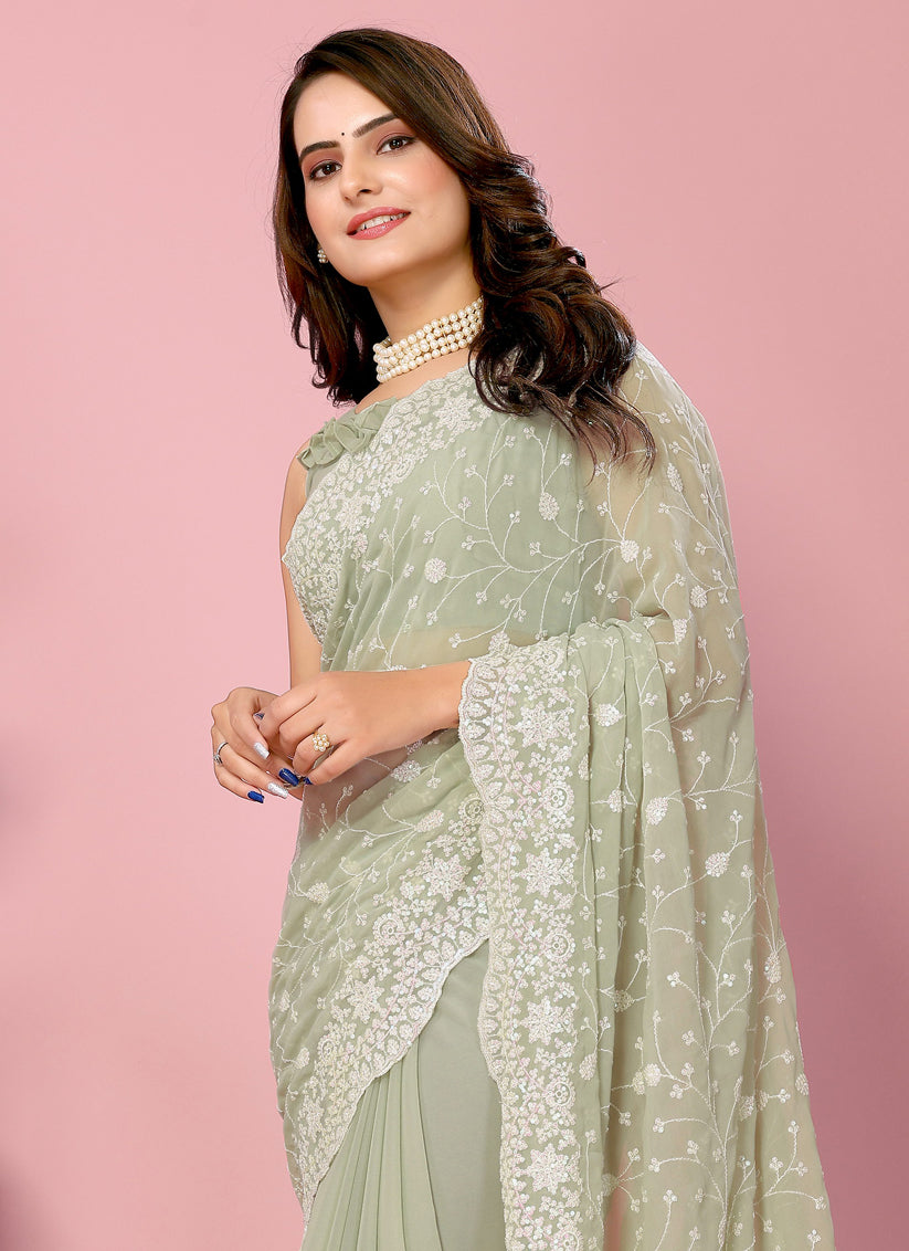 Pista Green Georgette Embroidered Saree