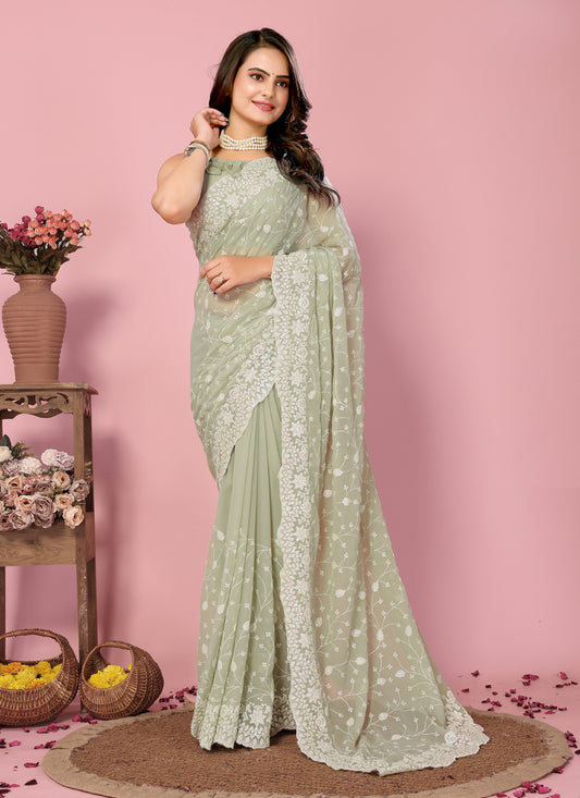 Pista Green Georgette Embroidered Saree