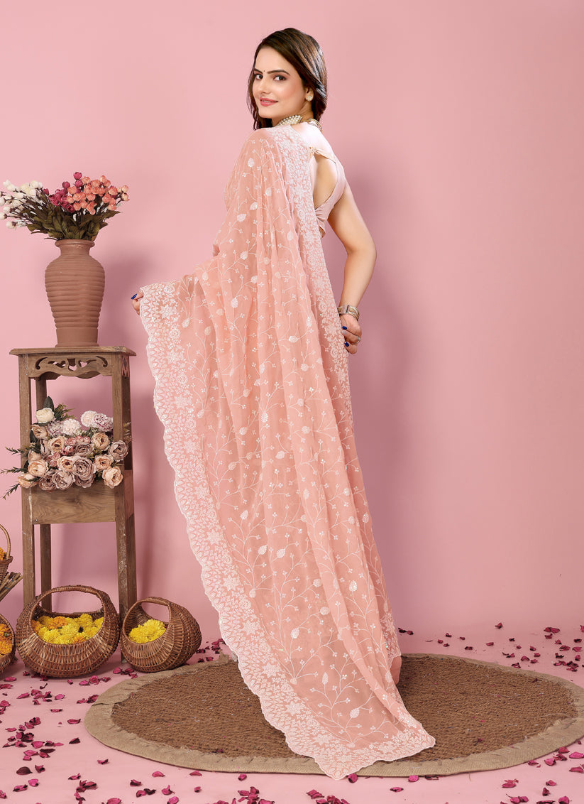 Peach Georgette Embroidered Saree