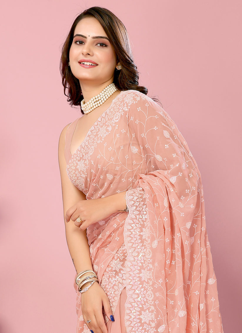 Peach Georgette Embroidered Saree