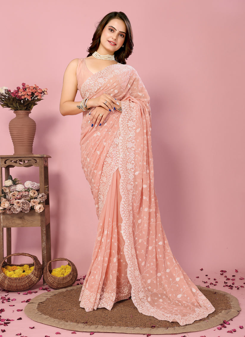 Peach Georgette Embroidered Saree