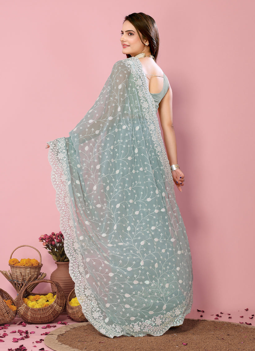 Sky Blue Georgette Embroidered Saree