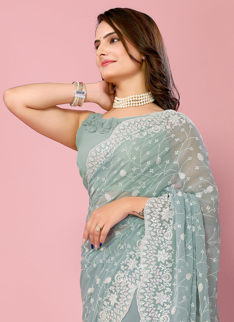 Sky Blue Georgette Embroidered Saree