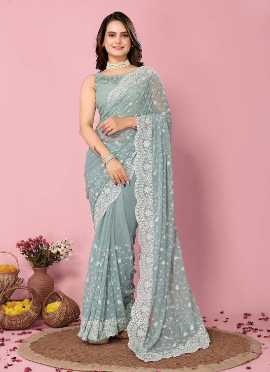 Sky Blue Georgette Embroidered Saree