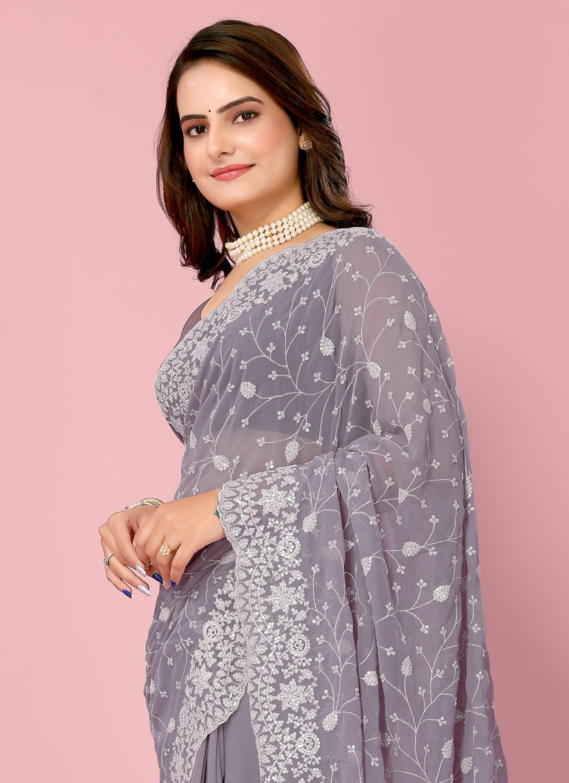 Grey Georgette Embroidered Saree