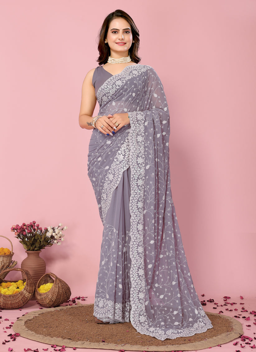 Grey Georgette Embroidered Saree