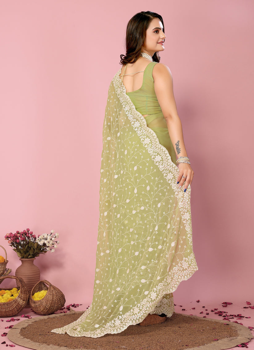 Pista Green Georgette Embroidered Saree