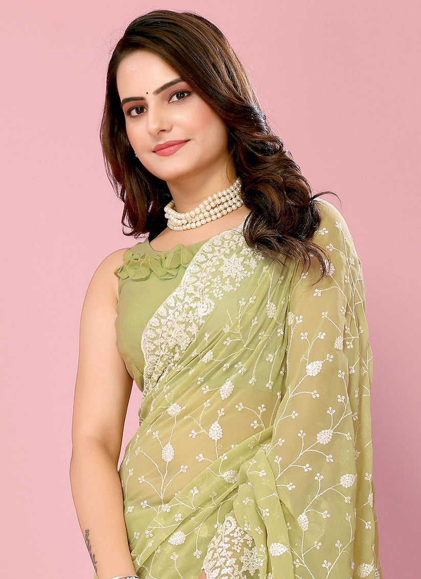 Pista Green Georgette Embroidered Saree