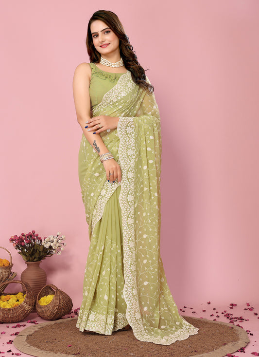 Pista Green Georgette Embroidered Saree