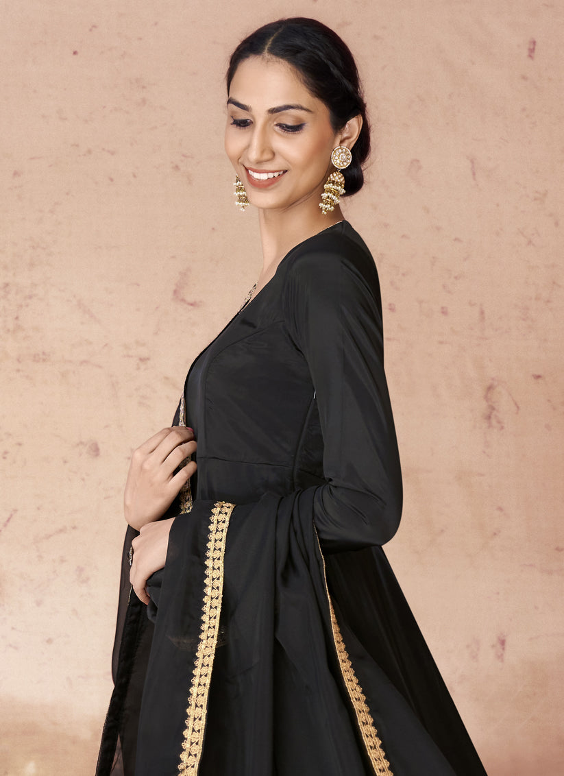 Black Crepe Readymade Anarkali Suit