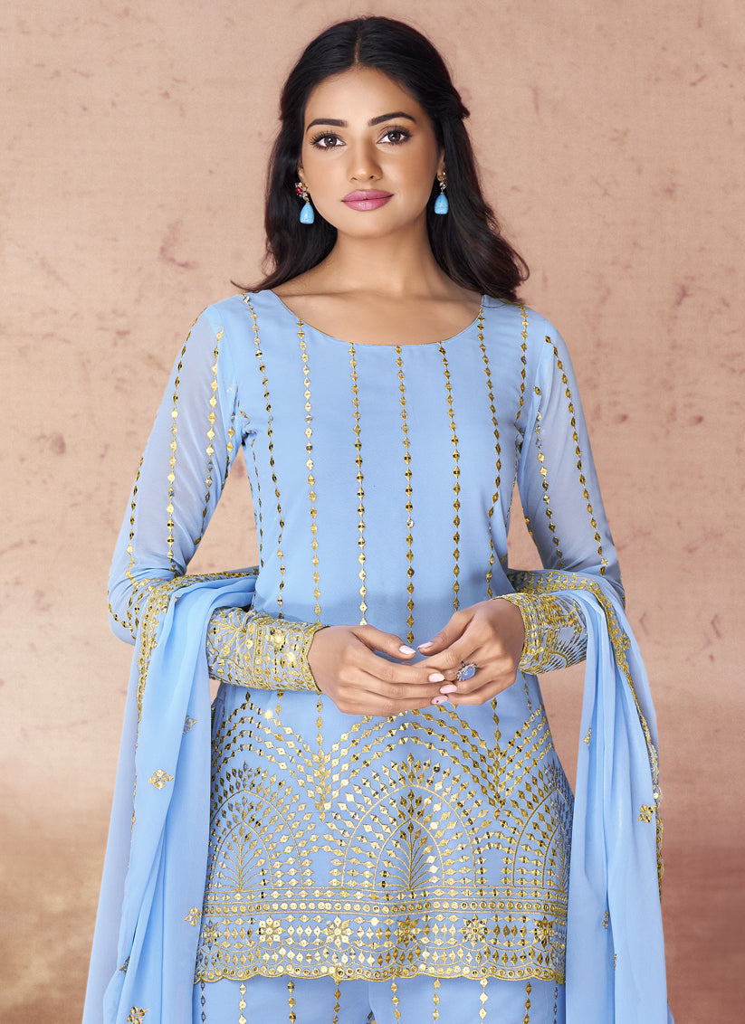 Sky Blue Georgette Readymade Sarara Kameez