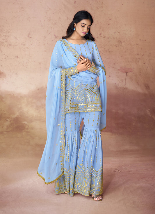 Sky Blue Georgette Readymade Sarara Kameez