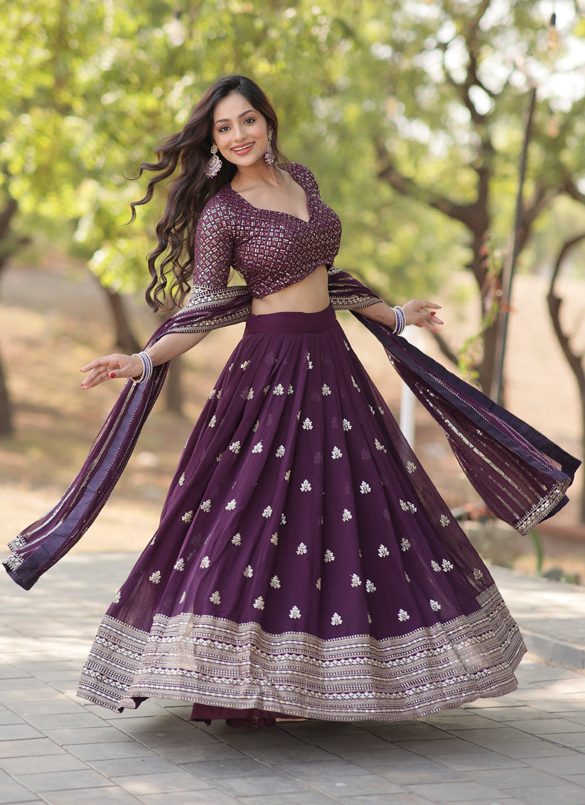 Dark Wine Faux Blooming Embroidered Lehenga Choli