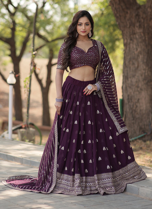 Dark Wine Faux Blooming Embroidered Lehenga Choli