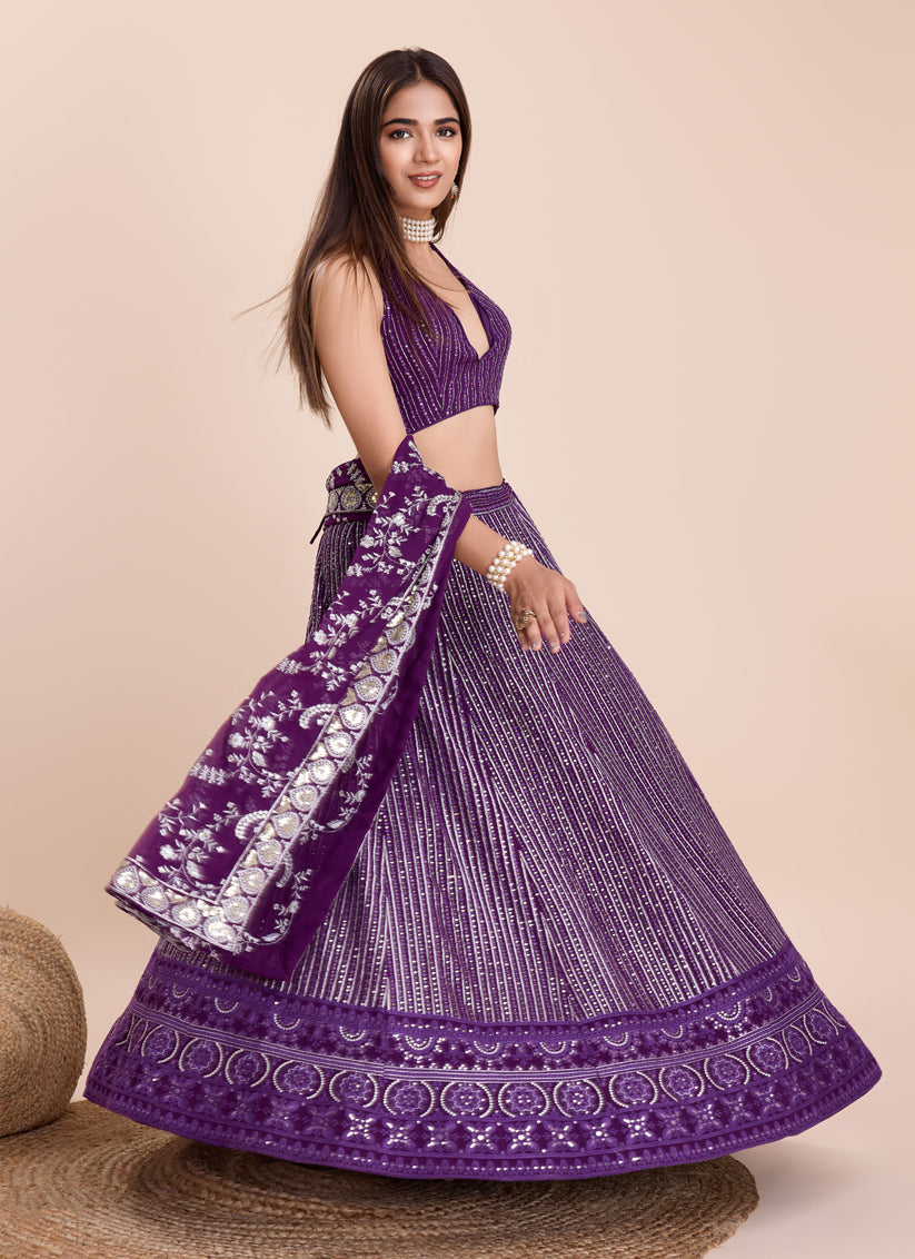 Wine Heavy Fox Georgette Embroidered Lehenga Choli