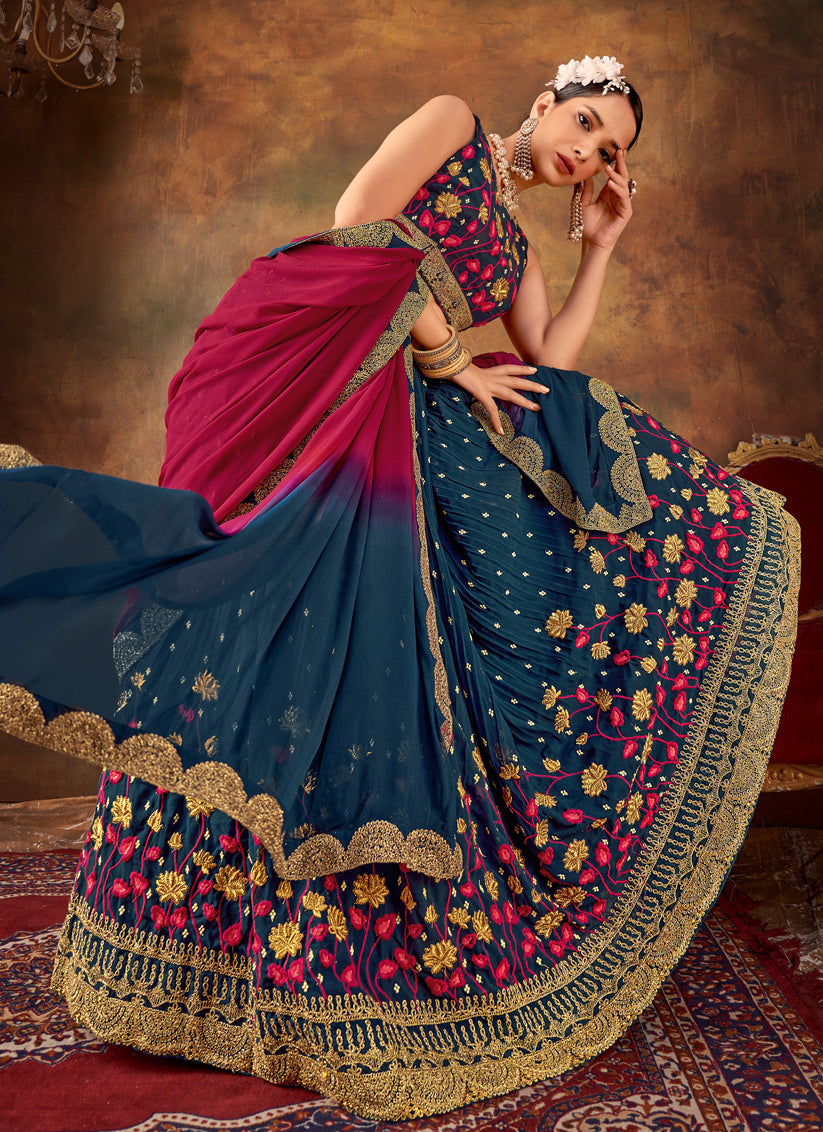 Prussian Blue Pure Georgette Sequins & Thread Work Lehenga Choli