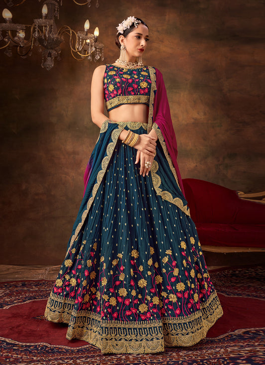 Prussian Blue Pure Georgette Sequins & Thread Work Lehenga Choli