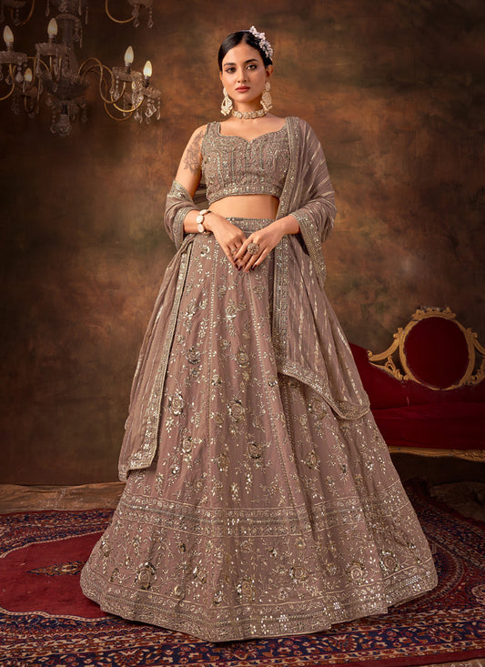 Brown Faux Georgette Sequins & Thread Work Lehenga Choli