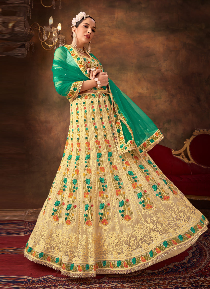 Cream Net Sequins & Thread Work Lehenga Choli