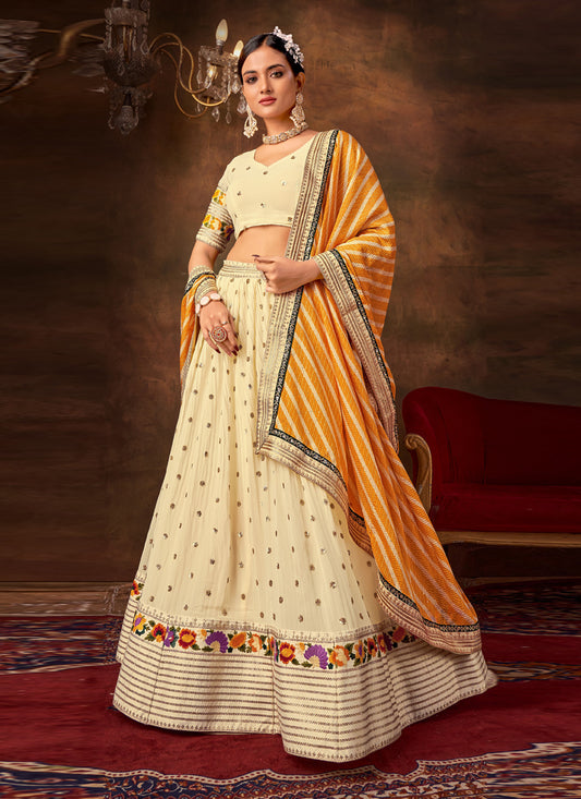 Off White Pure Georgette Sequins & Thread Work Lehenga Choli