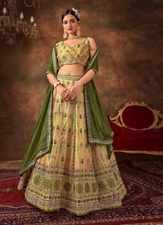 Pista Cream Organza Sequins & Thread Work Lehenga Choli