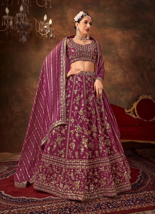 Wine Pure Georgette Sequins & Thread Work Lehenga Choli