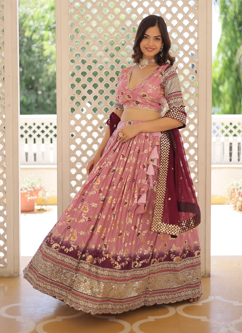 Carnation Pink Viscose Jacquard Sequined Lehenga Choli