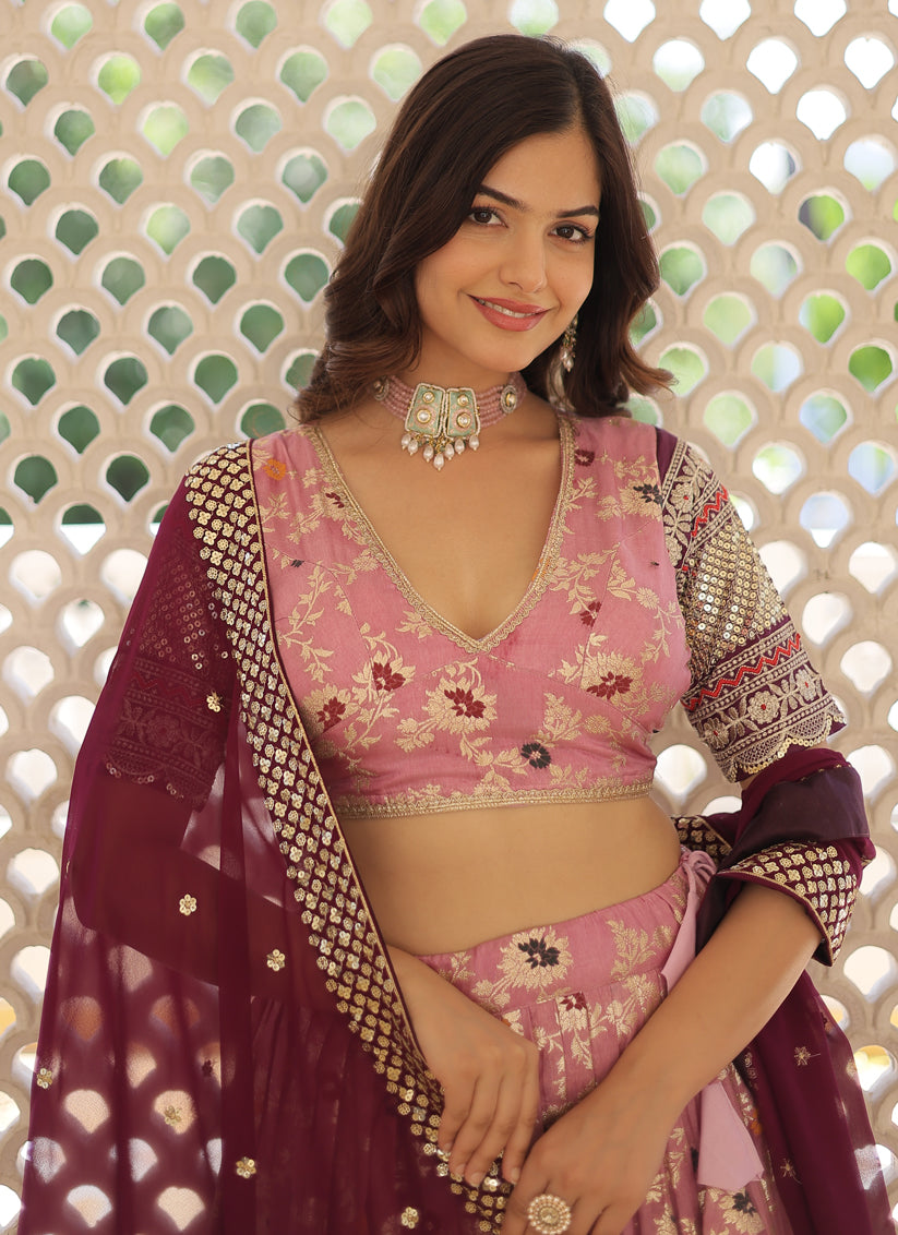 Carnation Pink Viscose Jacquard Sequined Lehenga Choli