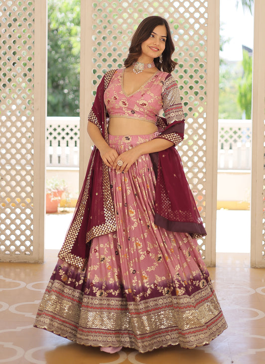 Carnation Pink Viscose Jacquard Sequined Lehenga Choli