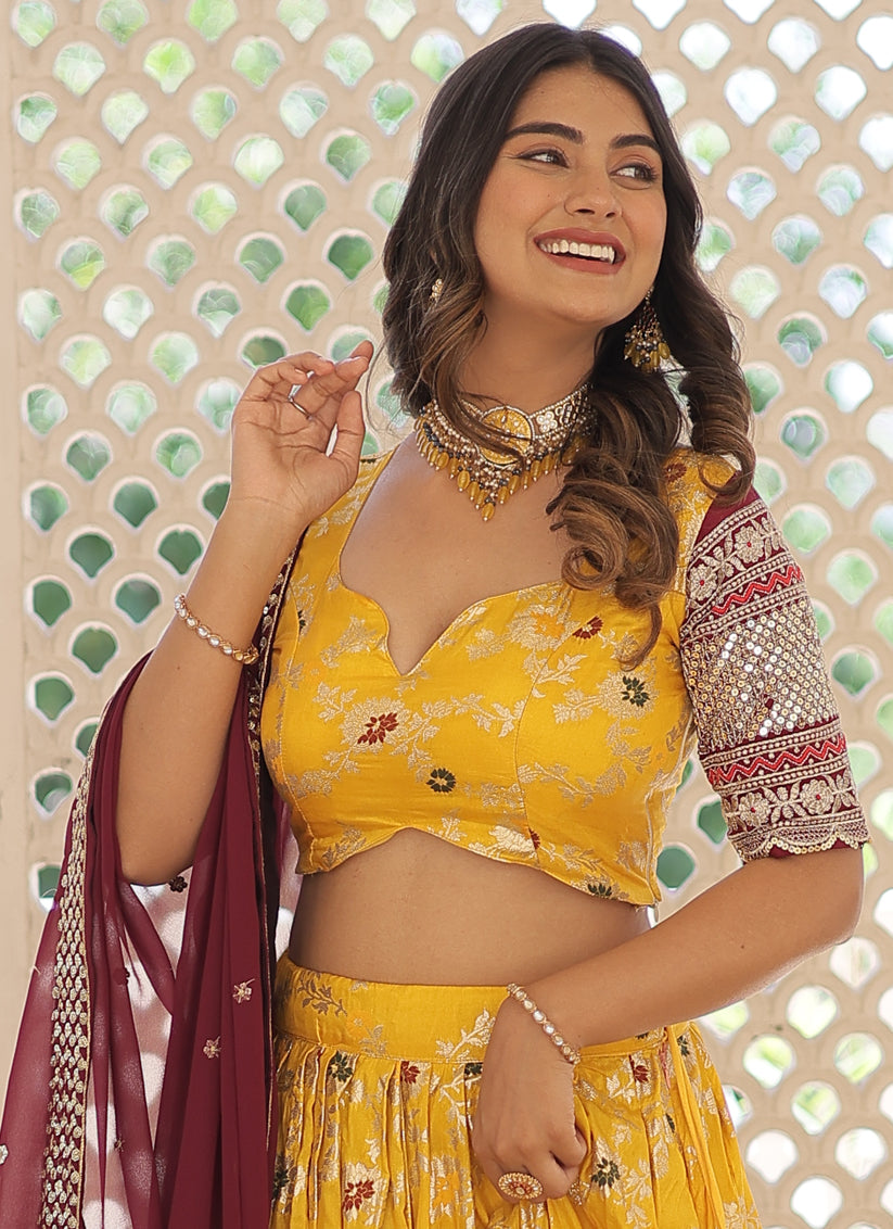 Sunny Yellow Viscose Jacquard Sequined Lehenga Choli