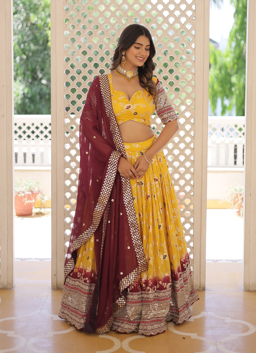 Sunny Yellow Viscose Jacquard Sequined Lehenga Choli