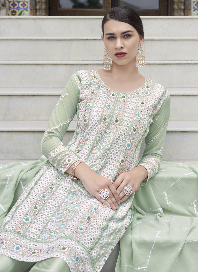 Pastel Green Faux Georgette Embroidered Pant Kameez