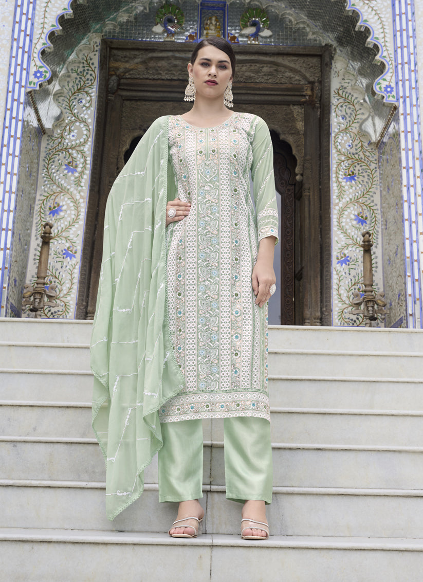 Pastel Green Faux Georgette Embroidered Pant Kameez