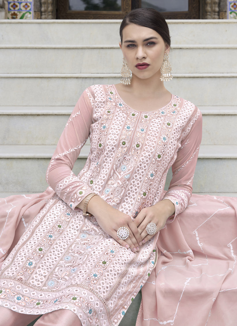 Blush Pink Faux Georgette Embroidered Pant Kameez