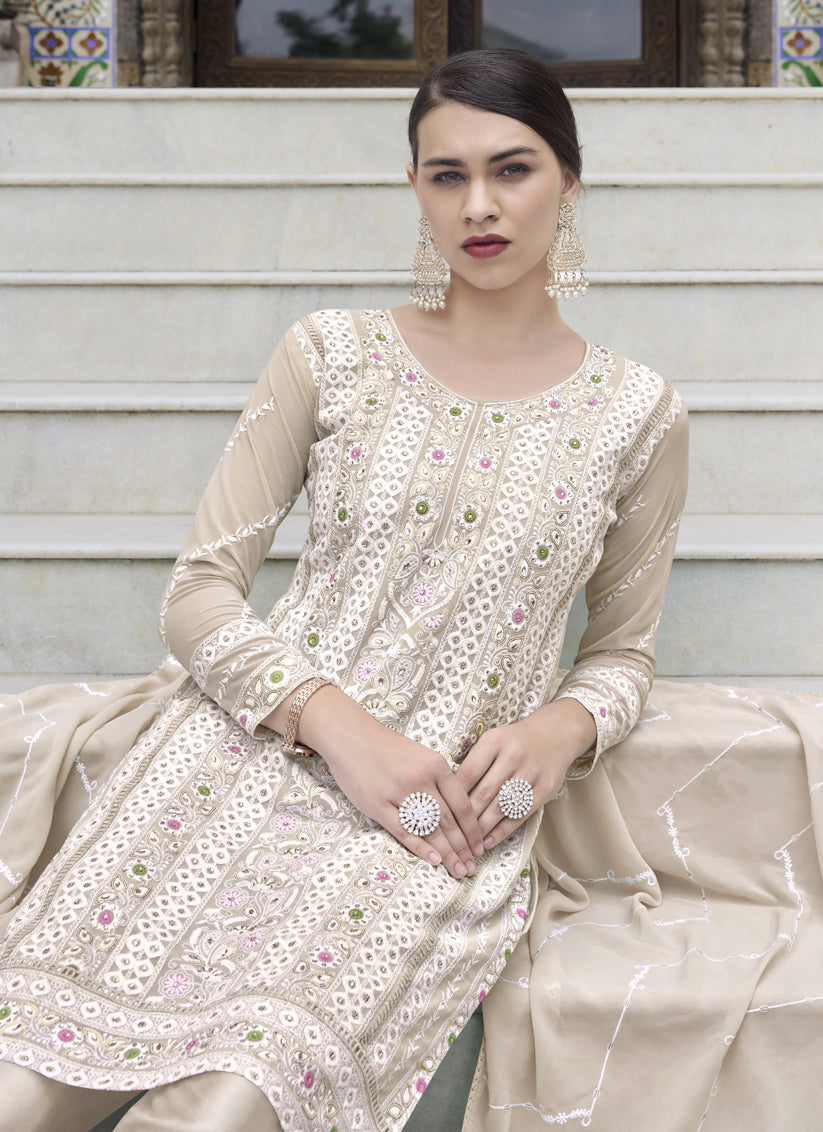 Beige Faux Georgette Embroidered Pant Kameez