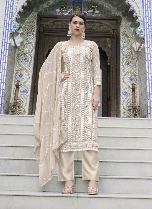 Beige Faux Georgette Embroidered Pant Kameez