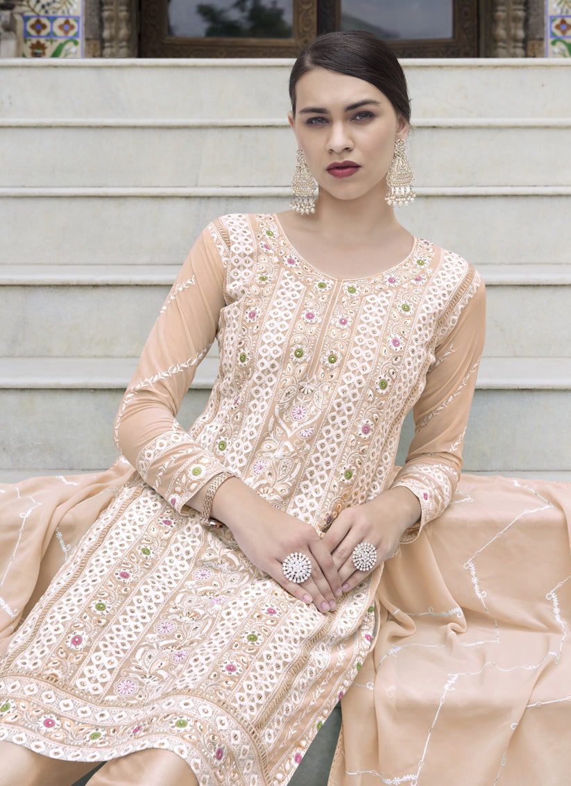 Peach Faux Georgette Embroidered Pant Kameez