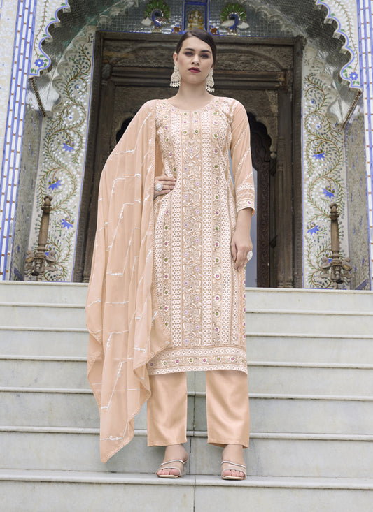 Peach Faux Georgette Embroidered Pant Kameez