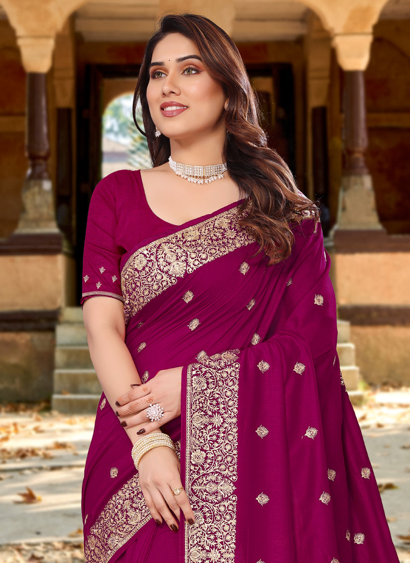 Magenta Vichitra Blooming Embroidered Saree