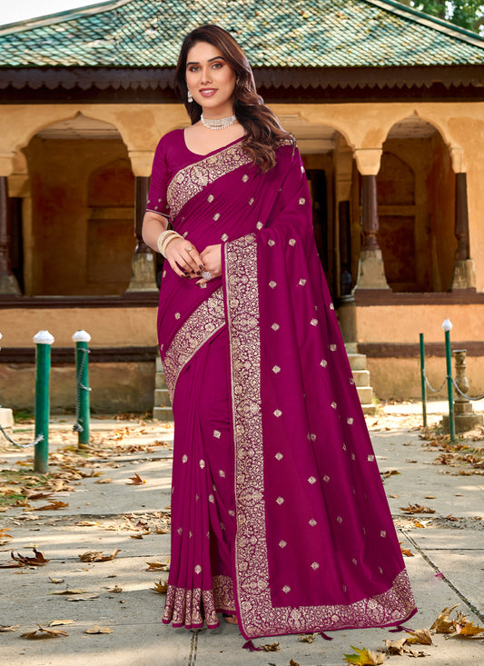 Magenta Vichitra Blooming Embroidered Saree