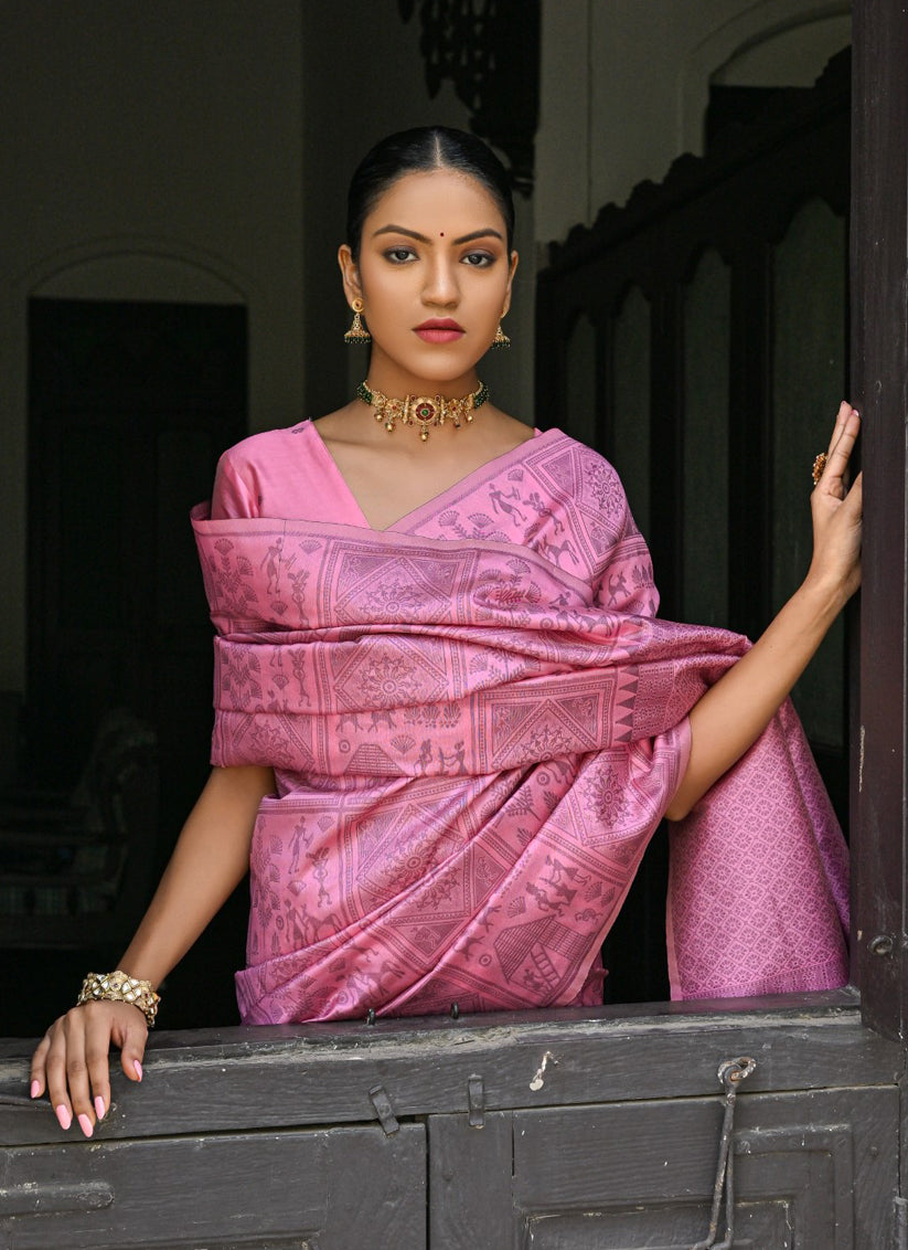 Pink Raw Silk Woven Saree For Festival