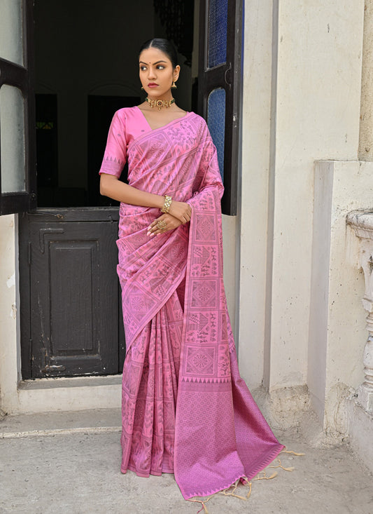 Pink Raw Silk Woven Saree For Festival