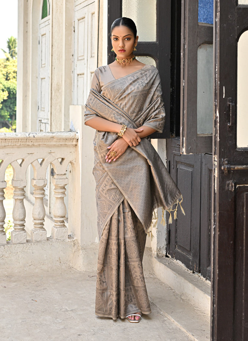 Beige Raw Silk Woven Saree For Festival