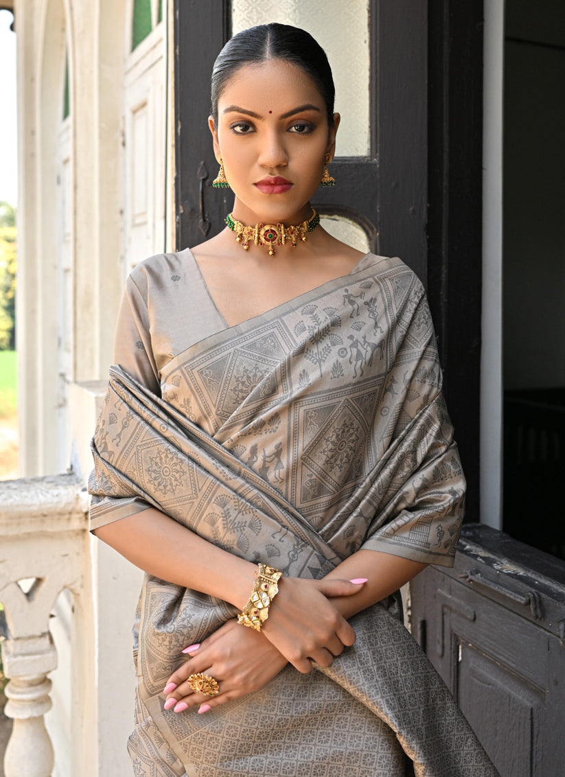 Beige Raw Silk Woven Saree For Festival